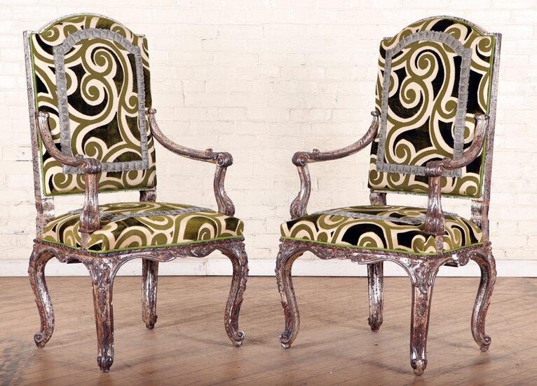 PAIR CARVED & SILVERED LOUIS XV STYLE ARM CHAIRS