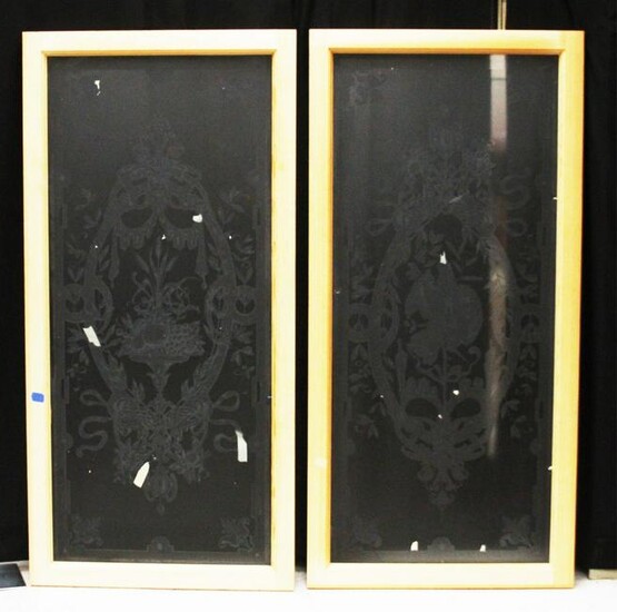 PAIR OF FRENCH ETCHED GLASS WINDOWS, FRAMED
