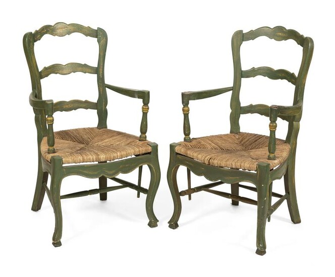 PAIR OF FRENCH-STYLE RUSH-SEAT LADDERBACK ARMCHAIRS
