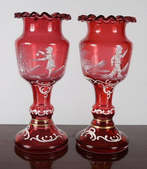 PAIR OF MARY GREGORY CRANBERRY GLASS VASES