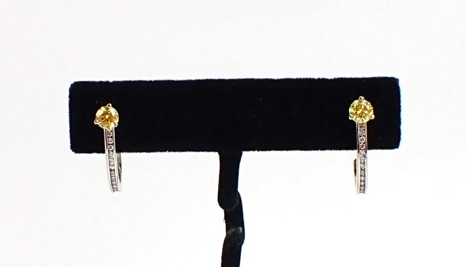 PAIR OF YELLOW AND WHITE DIAMOND EARRINGS, each a