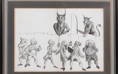PAUL SANDBY, BRITISH 1731-1809, DEVILS TEMPTING THE LAWYERS, Pen and ink and wash, Sight: 11 7/8 x 16 5/8 in. (30.2 x 42.2 cm.), Frame: 17 3/4 x 22 in. (45.1 x 55.9 cm.)