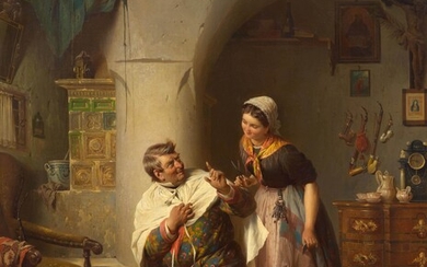 PETER BAUMGARTNER(1834 Munich 1911)Couple se coupant les cheveux. 1872.Huile sur toile. Signé, inscrit et daté...