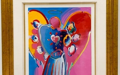 PETER MAX, "ANGEL WITH HEART" HAND EMBELLISHED