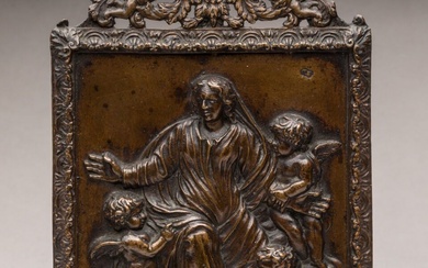 PLAQUE décorative en bronze patiné médaille à décor en haut relief d'une Assomption de la...