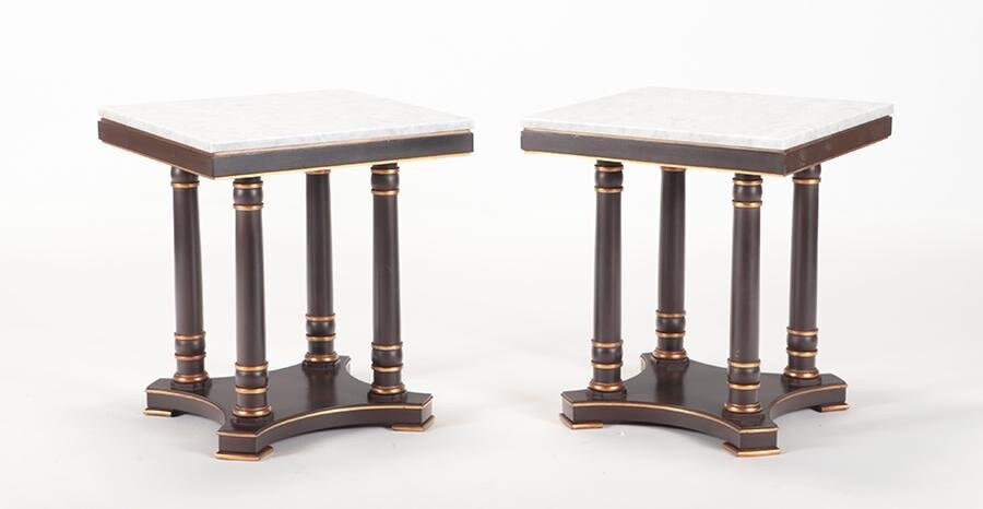 PR EBONIZED AND GILT MARBLE TOP END TABLES 1960
