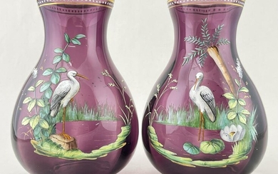 Pair 19th C Painted Amethyst Glass Vases, Cranes