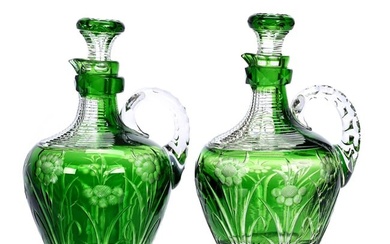 Pair Decanters, BPCG, Emerald Green Cut To Clear