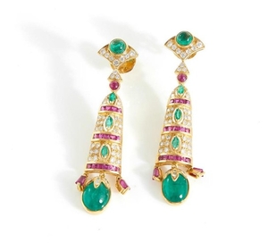 Pair Emerald, ruby and diamond earrings (2pcs)
