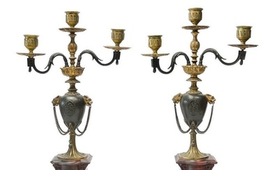Pair Henri Picard French Rouge Marble Gilt & Patinated Bronze Candelabras 19th c