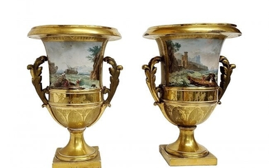 Pair Large Antique HP Sevres Urns Empire French Harbor
