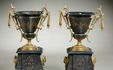 Pair Louis Philippe bronze, marble garniture urns