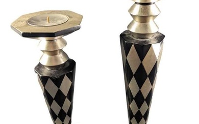 Pair Of Modern Black & Silver Wood Candlestick Holders