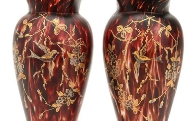 Pair Vases, Tortoise Shell Satin Cased Art Glass