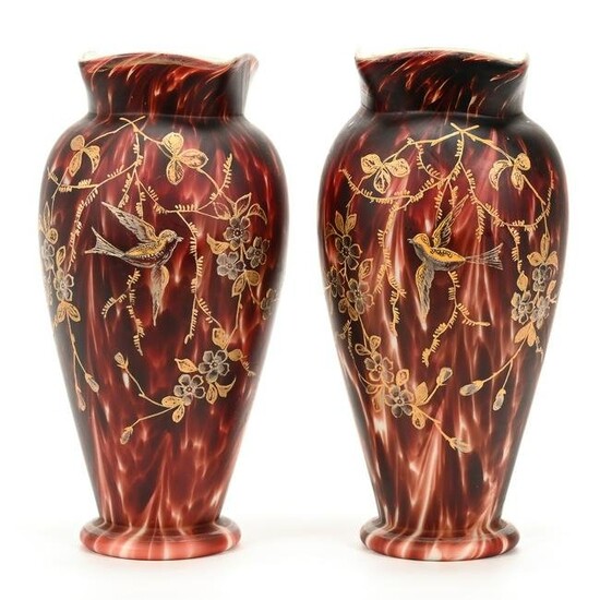Pair Vases, Tortoise Shell Satin Cased Art Glass