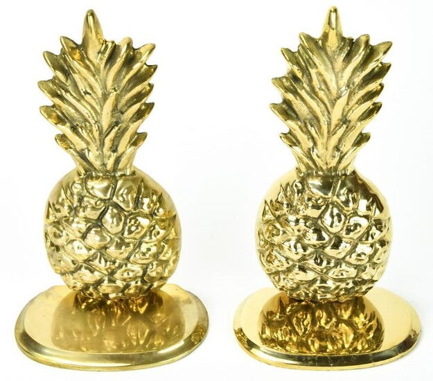 Pair Vintage Gilt Brass Figural Pineapple Bookends