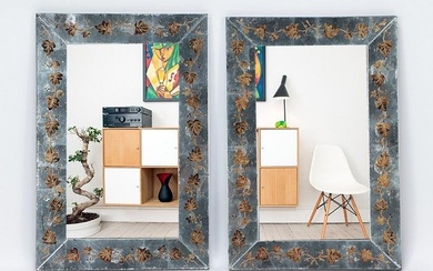 Pair eglomeise decorated rectangular mirrors in the manner of Jansen. Ht: 29" Wd: 19.75"