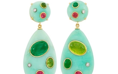 Pair of Chrysoprase, Gold, Tourmaline and Diamond Pendant-Earclips