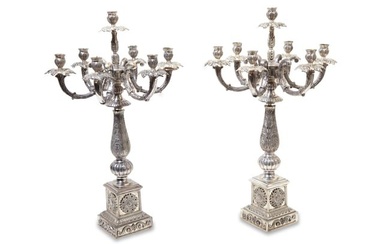 Pair of Contemporary Neoclassical Style Silvered Seven Light Candelabra, 20th c., India, H.- 28 in.