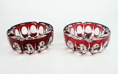 Pair of Cranberry Cut to Clear Glass Ashtrays