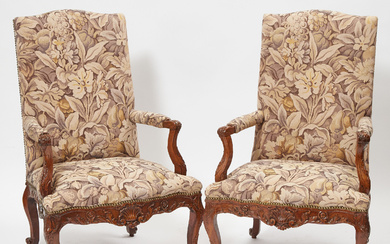Pair of Early Louis XV Carved Walnut Fauteuils, c.1740