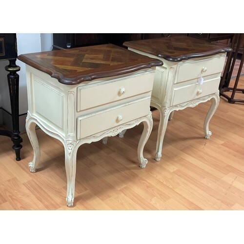 Pair of French style parquetry topped painted two drawer bed...