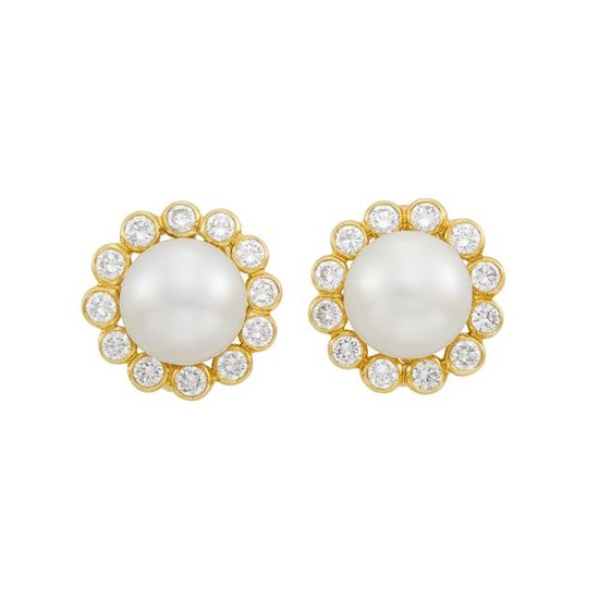 Pair of Gold, South Sea Cultured Pearl and Diamond Earclips