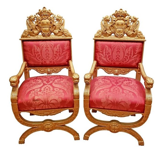 Pair of Magnificent 19th C. Gold Leaf Royal Arm Chairs