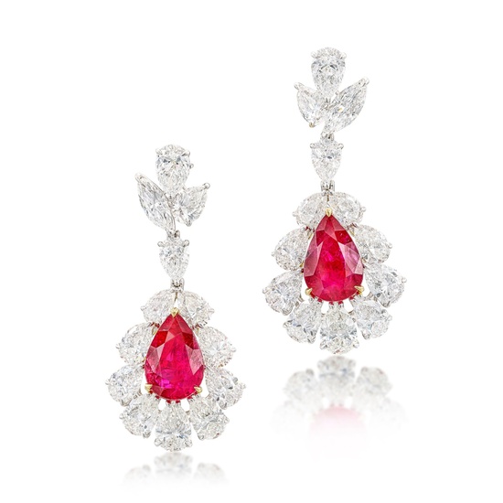 Pair of Ruby and Diamond Pendent Earrings | 4.40 及 4.03克拉 天然「緬甸鴿血紅」未經加熱紅寶石 配 鑽石 耳墜一對