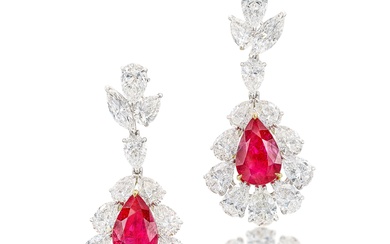 Pair of Ruby and Diamond Pendent Earrings | 4.40 及 4.03克拉 天然「緬甸鴿血紅」未經加熱紅寶石 配 鑽石 耳墜一對