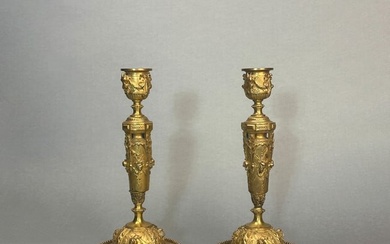 Pair of Signed Antique French Gilt Bronze Candle Holders by Barbadienne, 19th Century