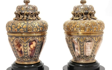Pair of Tane Sterling Silver & Gilt Ornate Urns