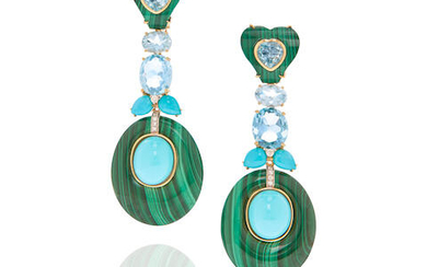 Pair of Turquoise, Malachite, Blue Topaz and Diamond Pendant Ear Clips