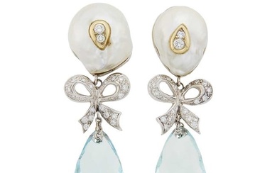 Pair of Two-Color Gold, Baroque Cultured Pearl, Diamond and Aquamarine Briolette Pendant-Earclips