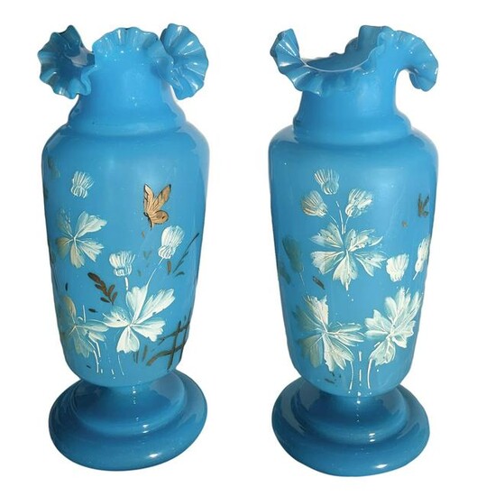 Pair of blue opaline vases with floral decorations in