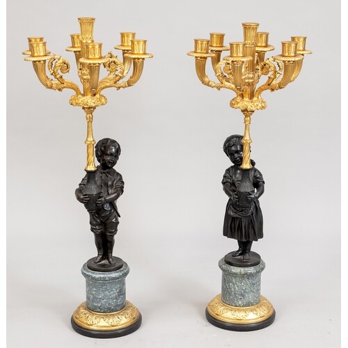 Pair of ornamental chandeliers, late 20th century, bronze pa...