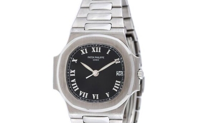Patek Philippe Nautilus wristwatch, unisex, provenance documents, stainless steel, d=37 mm / Unisex Patek Philippe Nautilus wristwatch, reference 3800/1a-001, automatic movement. Black dial with Roman numerals and date at hour 3. Original stainless...