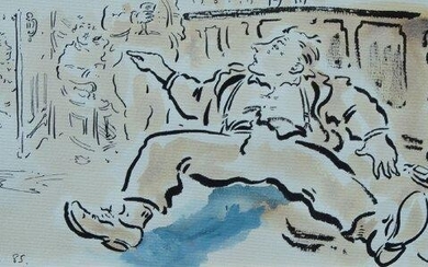 Paul Cox, British b.1957- Man in a tavern, 1985; pen and brush and black ink and watercolour, signed and dated, 12.5x25.5cm (ARR) (mounted/unframed)