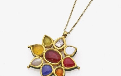 Pendant necklace with coloured gemstones and coloured