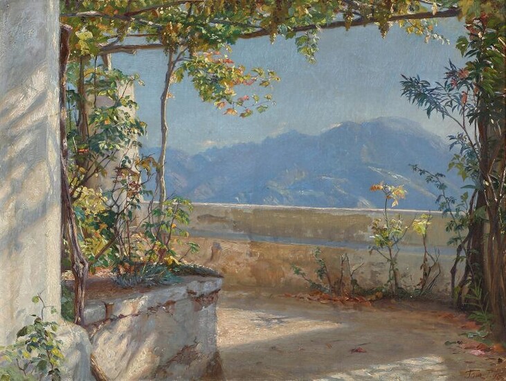 SOLD. Peter Tom-Petersen: View from a pergola. Signed and dated Tom P. 90. Oil on canvas laid on canvas. 44 x 56 cm. – Bruun Rasmussen Auctioneers of Fine Art