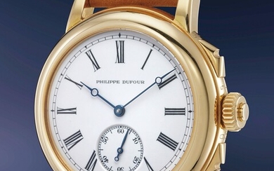 Philippe Dufour, A unique, incredibly well-made and historically important two-train minute repeating grande and petite sonnerie wristwatch with hinged case in yellow gold and enamel dial bearing movement number 1