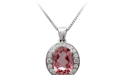 Pink Tourmaline And Diamond Oval Halo Classic Pendant In 14k White Gold 17-in Box Chain