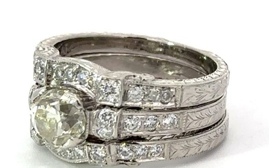 Platinum Diamond Engagement Ring Set / 1.20 Carat Old Mine Cut Natural Diamond