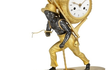 Portefaix: A French gilt and patinated bronze mantel clock. Signed 'á Paris'. Early 19th century. H. 39 cm.