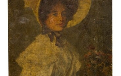 Portrait of young woman in white with big hat late 19th century artist
