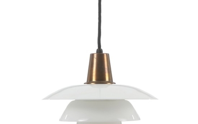 Poul Henningsen: “PH 3/3”. Pendant with sockethouse of brass. Shades of opal glass, later middle shade.