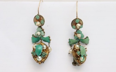 Pr antique Chinese 14K/10K enamel cultured pearl earrings