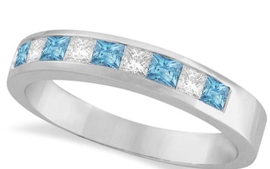 Princess Channel-Set Diamond and Aquamarine Ring Band 14K White Gold