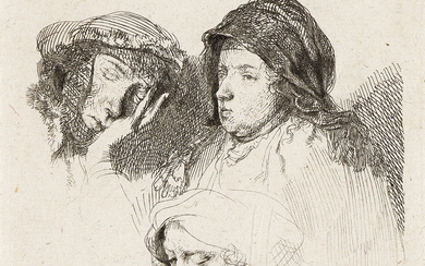 REMBRANDT VAN RIJN Three Heads of Women: One Asleep. Etching, 1637. 143x97 mm...
