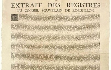 ROUSSILLON. 1704. "Excerpt from the records of the SUVERAIN COUNCIL OF ROUSSILLON." (Heading, Royal Vignette & Lettrine). Edict signed LOUIS & CHAMILLART, given to VERSAILLES on July 19, 1704. We have ordered that all Contracts & Acts of which the...